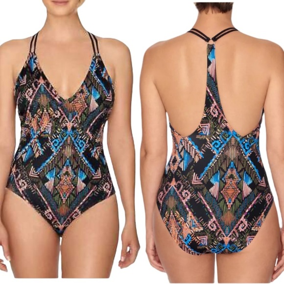 NEW Time and Tru Ethnic Wave One Piece Swimsuit Racerback S - Picture 1 of 15